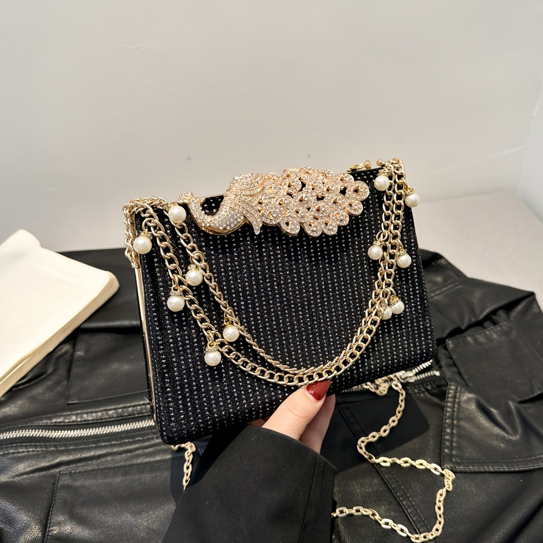 Luxury Rhinestone Evening Bag, Fashion Chain Banquet Handbag, Women's Box Clutch Purse For Wedding Party Prom