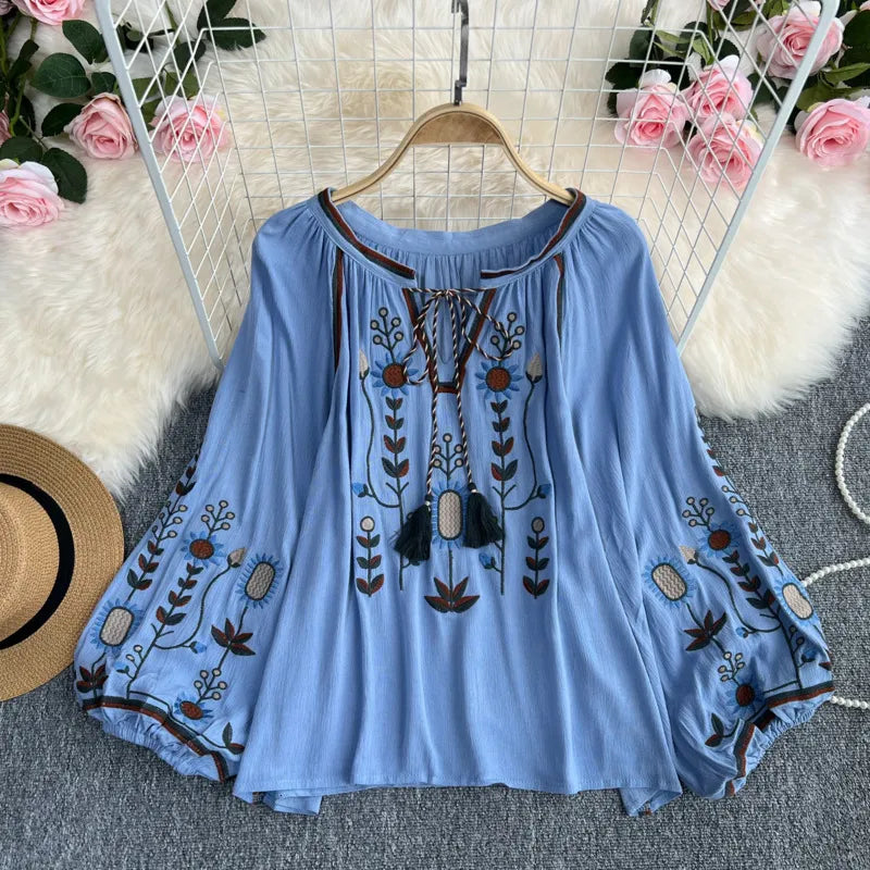 TEELYNN BOHO blouse cotton floral embroidered blouses tassel long lantern sleeve loose Casual hippie women tops blouse and shirt 210315