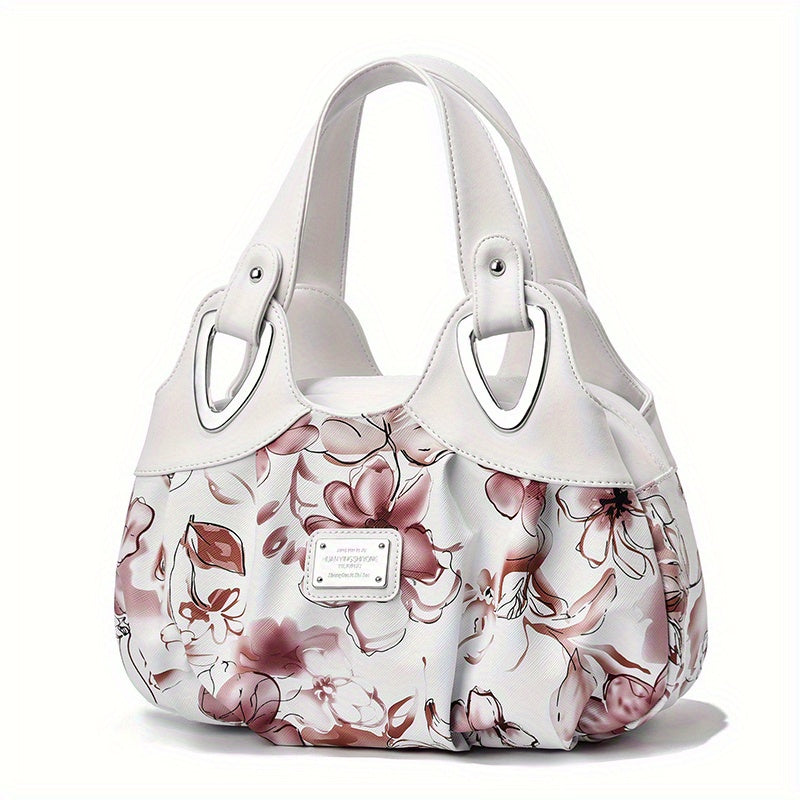 realaiot  Floral Print Top Handle Tote Bag, Fashion PU Satchel Bag, Women's Trendy Casual Handbag & Purse