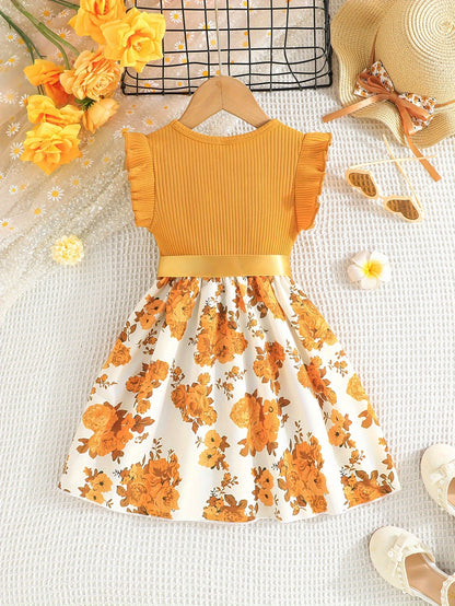 Charming Sweet Girls Floral Spliced Dress - Soft 93% Cotton, Perfect for Summer Parties & Gifts