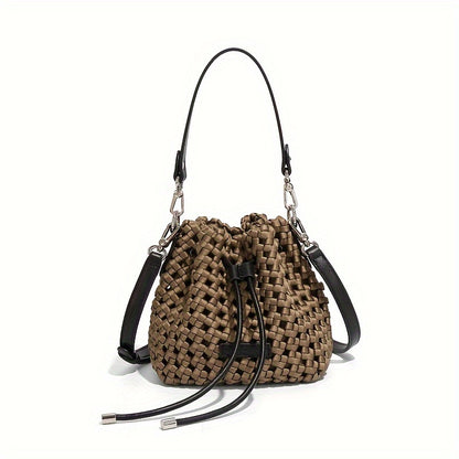 realaiot 2024 New Braided Design Bucket Bag, Solid Color Mini Fashion Trendy Handbag, Mini Leisure Shoulder Bag