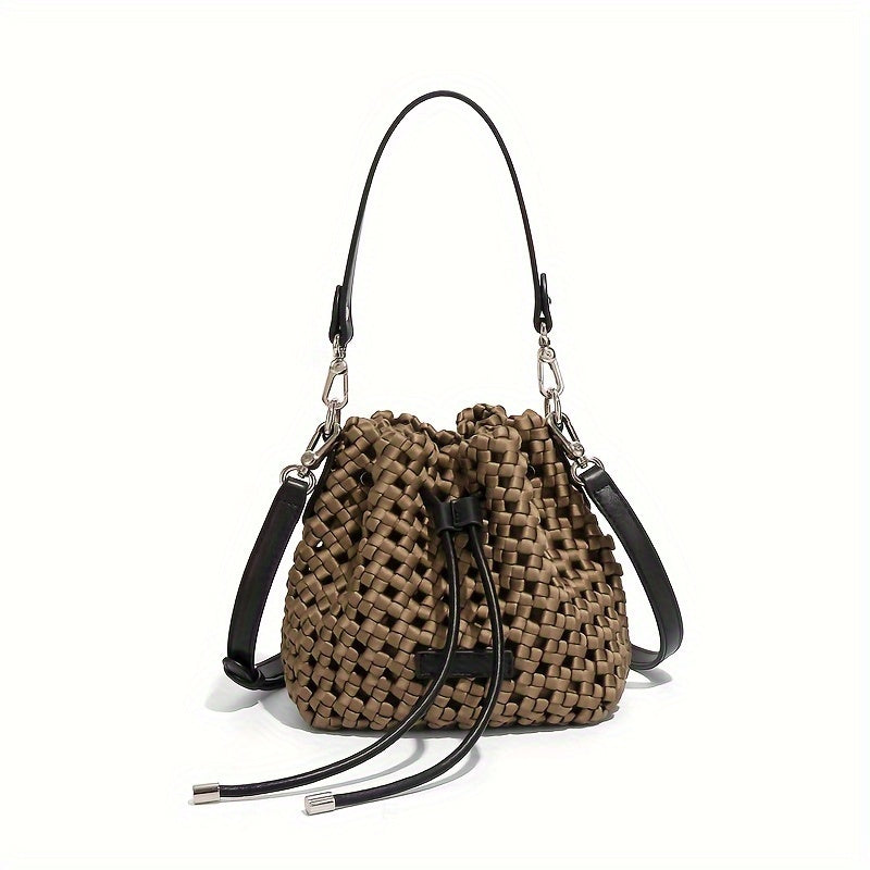 realaiot 2024 New Braided Design Bucket Bag, Solid Color Mini Fashion Trendy Handbag, Mini Leisure Shoulder Bag