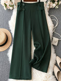 Plus Size Elegant Pants, Women's Plus Solid Stitching Button Detail High Rise Wide Leg Trousers