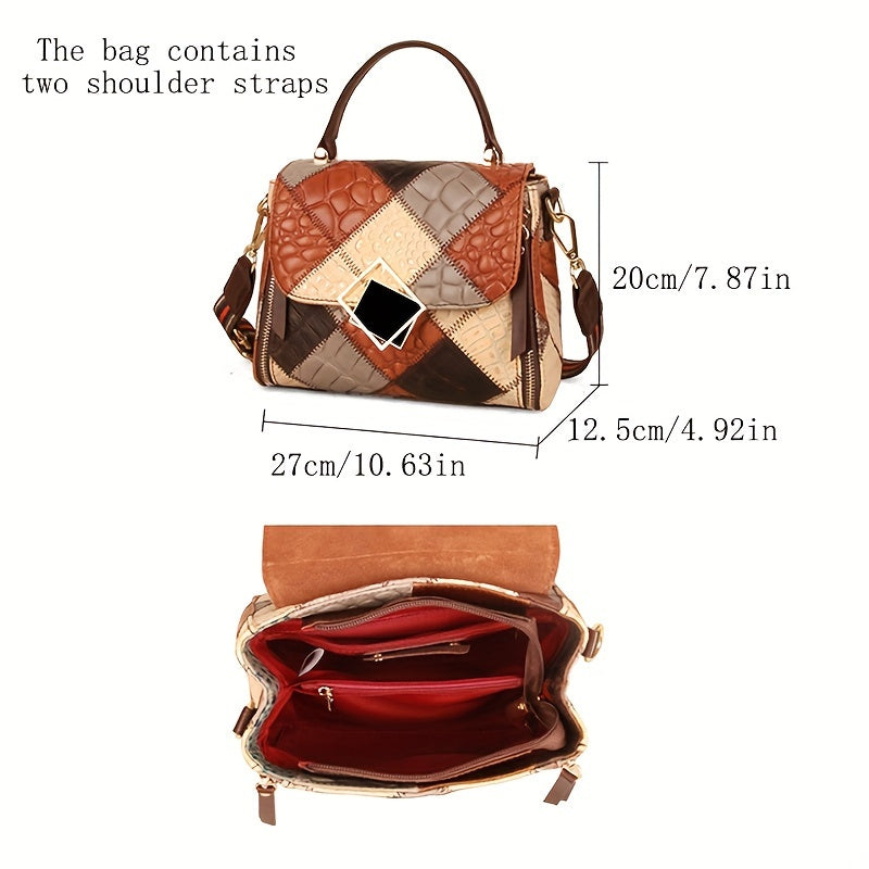 Vintage Argyle Pattern Handbag, Luxury Genuine Leather Flap Purse, Fashion Crossbody Bag For Women