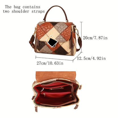 Vintage Argyle Pattern Handbag, Luxury Genuine Leather Flap Purse, Fashion Crossbody Bag For Women