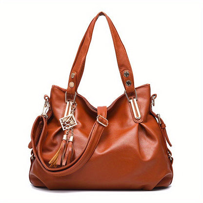 Tassel Decor Hand Bag, Large Capacity Soft Leather Shoulder Bag, Stylish Solid Color Crossbody Purse