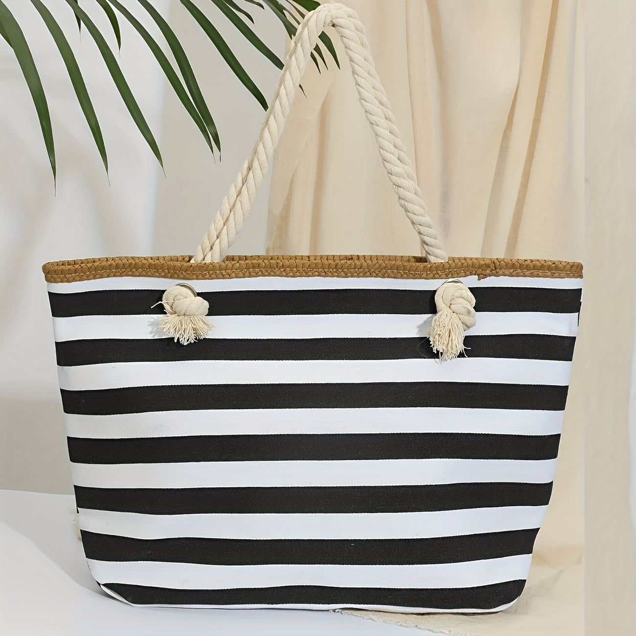 realaiot  1pc Stylish Striped Canvas Tote Bag with Large Capacity for Women - Perfect for Beach, Travel, and Everyday Use