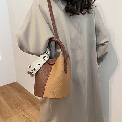 Two Tone Simple Bucket Bag, Letter Twilly Scarf Decor Fashion Shoulder Bag, PU Leather Top Handle Crossbody Bag For Women