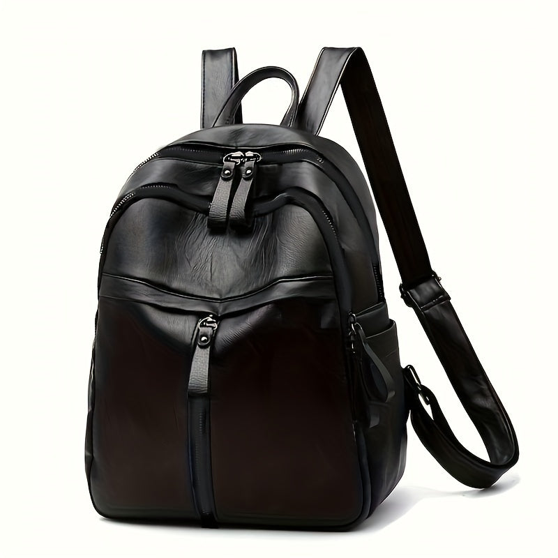 1pc PU New Backpack Large Capacity Student Schoolbag, Solid Color Lady's Soft Leather Backpack, Simple Black Backpack