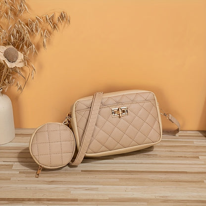 realaiot  Solid Color Quilted Bag, Fashionable Casual Shoulder Bag With Small Purse, Women's Stylish Versatile Handbag & Cosmetic Bag