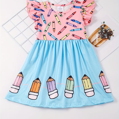 Toddler Girls Ruffle Trim Colorful Crayon Graphic Princess Dress For Back To School Season Party, Cute Kids Summer Clothes