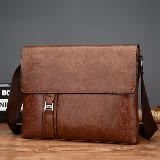 realaiot  Vintage Large Capacity Messenger Bag, Solid Color Flap Business Crossbody Briefcase, Perfect Shoulder Bag For Work