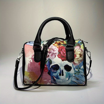 realaiot  Skull Print Handbag, Halloween PU Crossbody Bag, Gothic Top Handle Purse