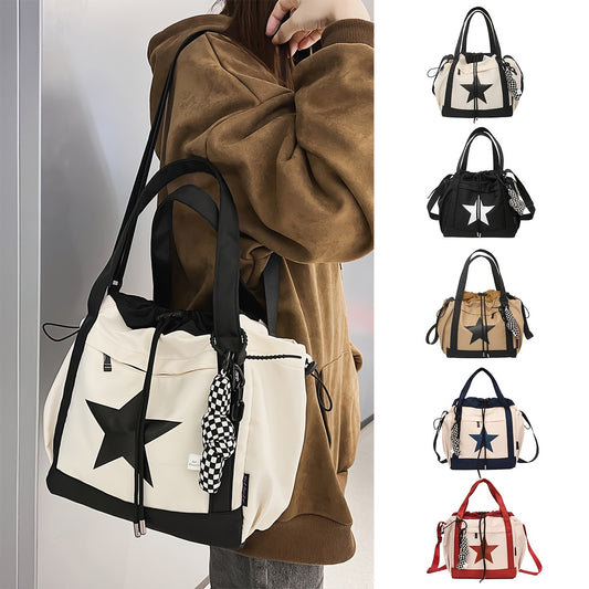 realaiot  Trendy Star Pattern Colorblock Shoulder Bag, Casual Drawstring Handbag, Versatile Niche Bag For School