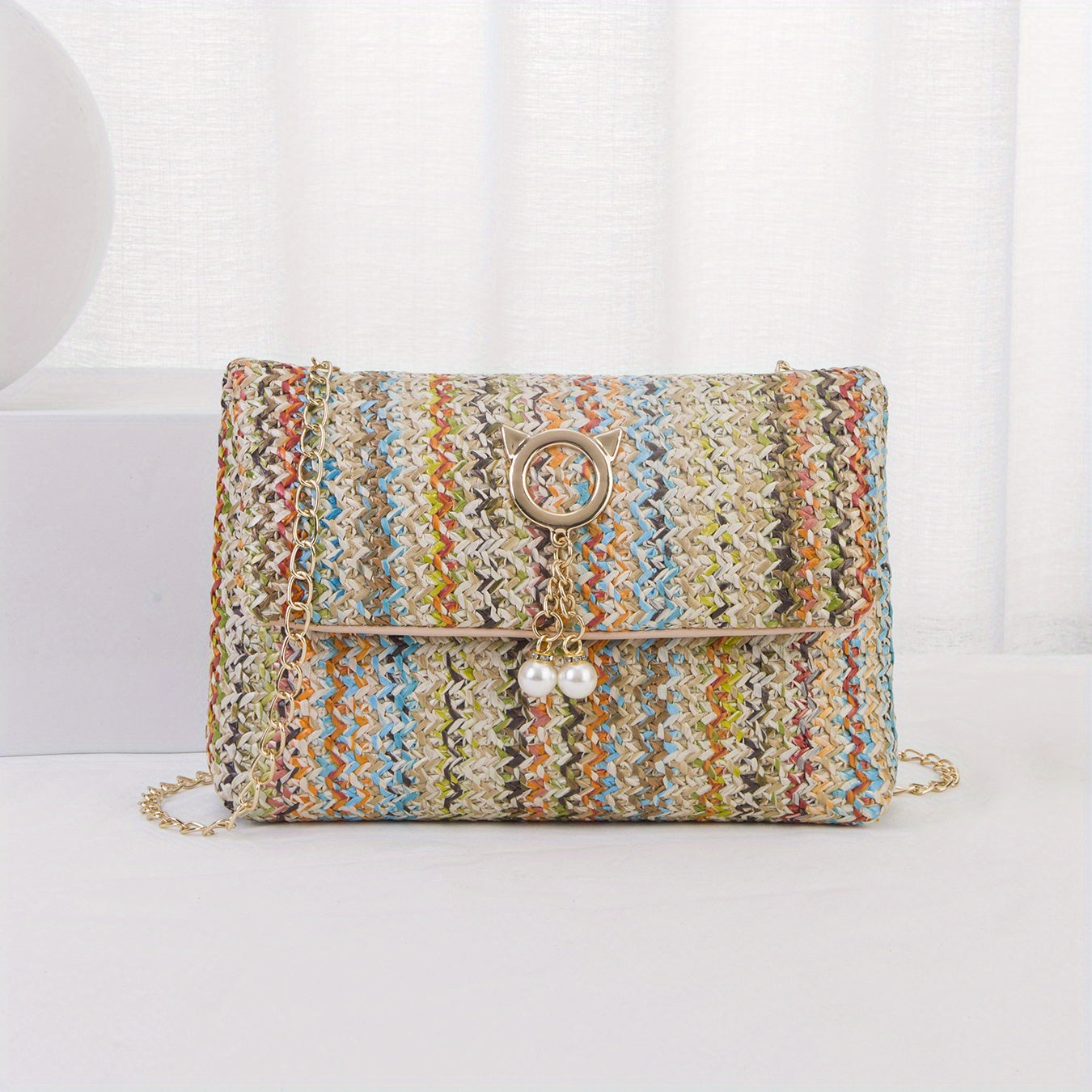 realaiot  Rainbow Straw Woven Beach Bag, Fashion Chain Crossbody Bag, Colorful Stripes Square Purse