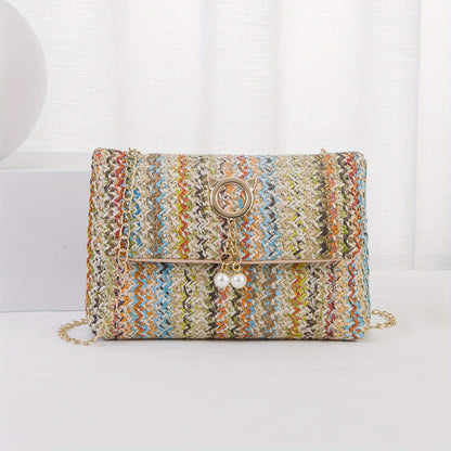 realaiot  Rainbow Straw Woven Beach Bag, Fashion Chain Crossbody Bag, Colorful Stripes Square Purse