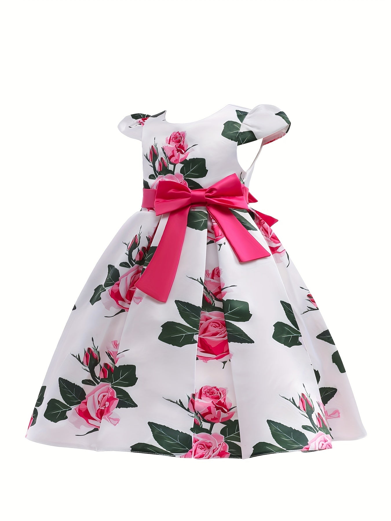 Elegant Floral Print Bowknot Princess Dress for Girls - Fit & Flare Midi with Lace-Up Detail