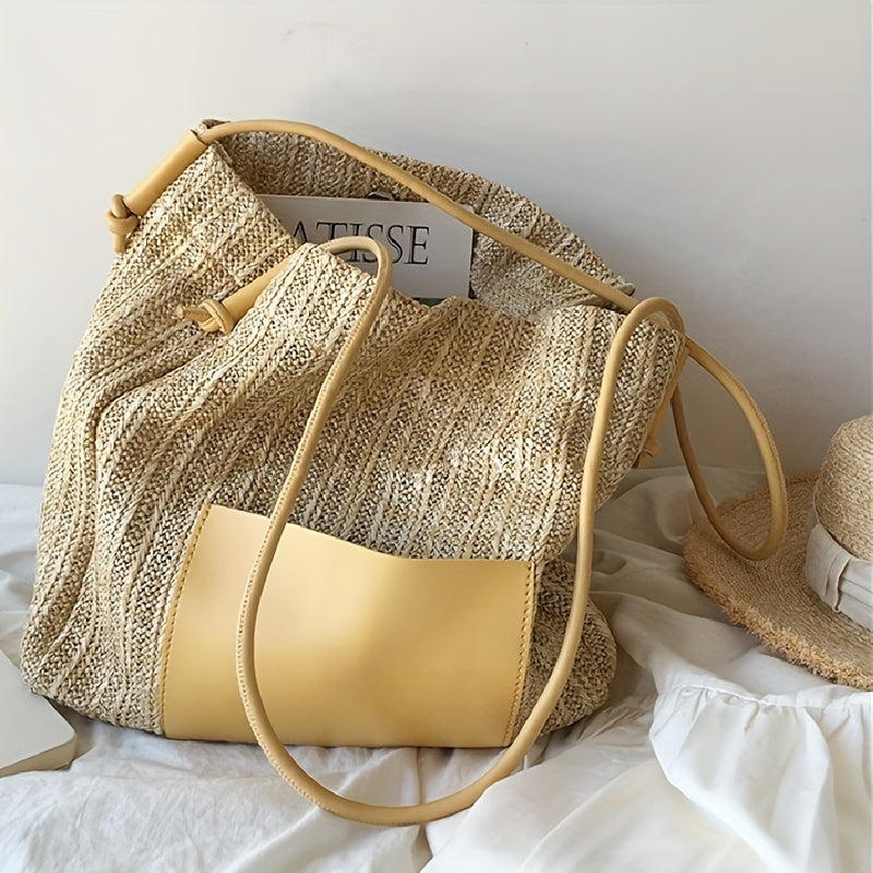 realaiot  Vintage Woven Tote Bag, Fashion Vacation Style Underarm Bag, Perfect Travel Beach Shopping Bag