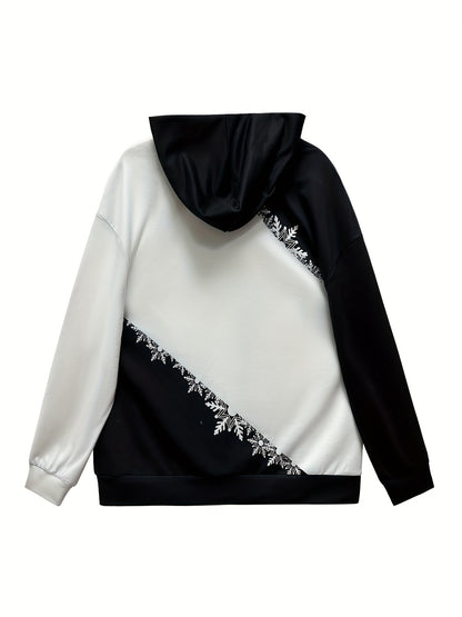 Women's Plus Size Elegant Christmas Hoodie - Polyester Blend Pullover with Contrast Snowflake Design for All-Season Fashion