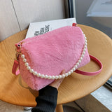 realaiot  Trendy Plush Faux Pearls Chain Crossbody Bag, All-match Solid Color Phone Lipstick Coin Bag, Perfect Causal Shoulder Bag For Daily Use