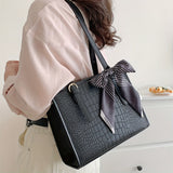 realaiot  Simple Black Crocodile Pattern Tote Bag, Classic Textured Handbag With Scarf Decor For Women