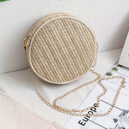 realaiot  Fashion Straw Round Bag, Women's Chain Crossbody Bag, Mini Summer Beach Bag For Holiday