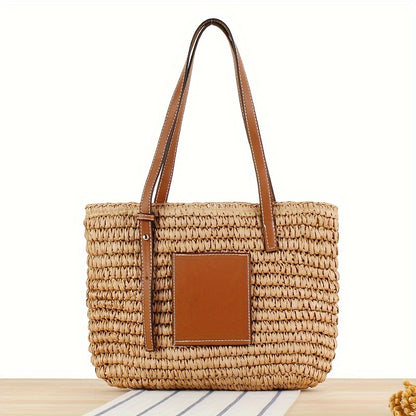 realaiot Patches Woven Tote Bag With Drawstring, Leisure Travel Beach Bag, Women's Versatile Shopping Shoulder Bag For Vacation