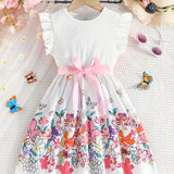 Floral Sleeveless Dress with Flutter Trim & Bow Belt - Perfect Summer Attire