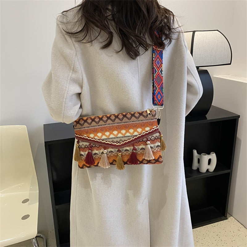 realaiot  Ethnic Style Crossbody Bag, Women's Tassel Decor Flap Purse, Fashion Canvas Shoulder Bag