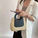 Retro Colorblock Straw Bag, Woven Simple Fashion Handbag, Casual Satchel Holiday Bag