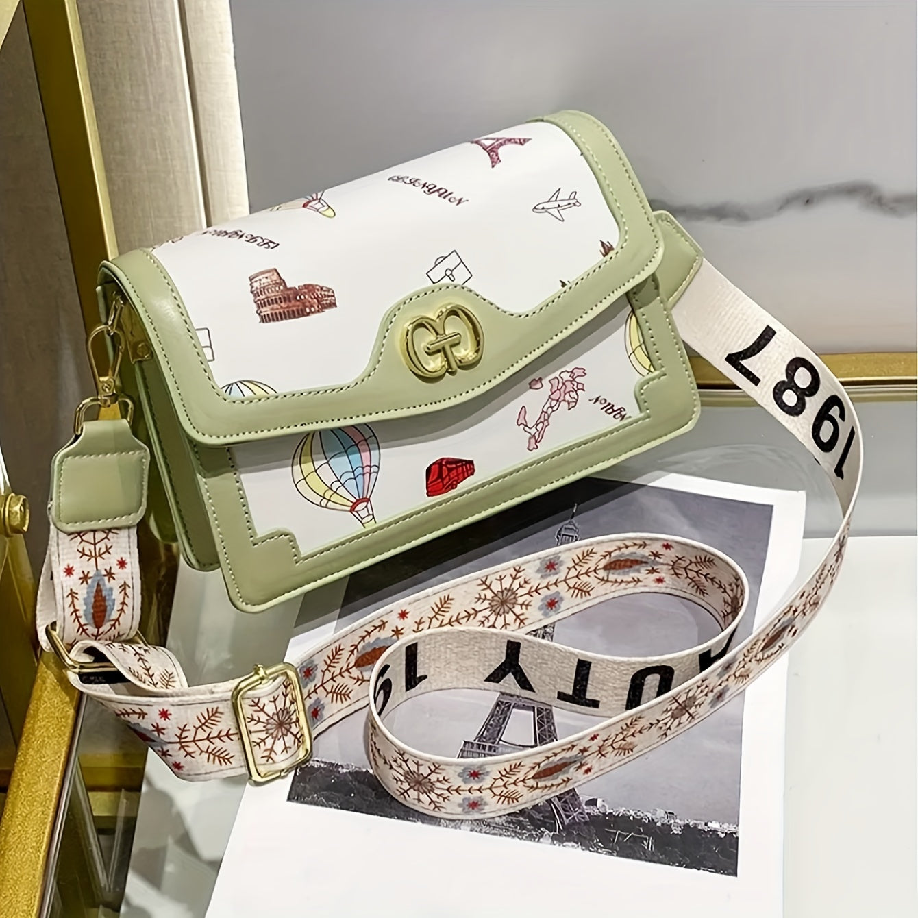 realaiot  Cartoon Graphic Flap Square Shoulder Bag, PU Leather Crossbody Bag With Adjustable Strap For Shopping Dating Traveling