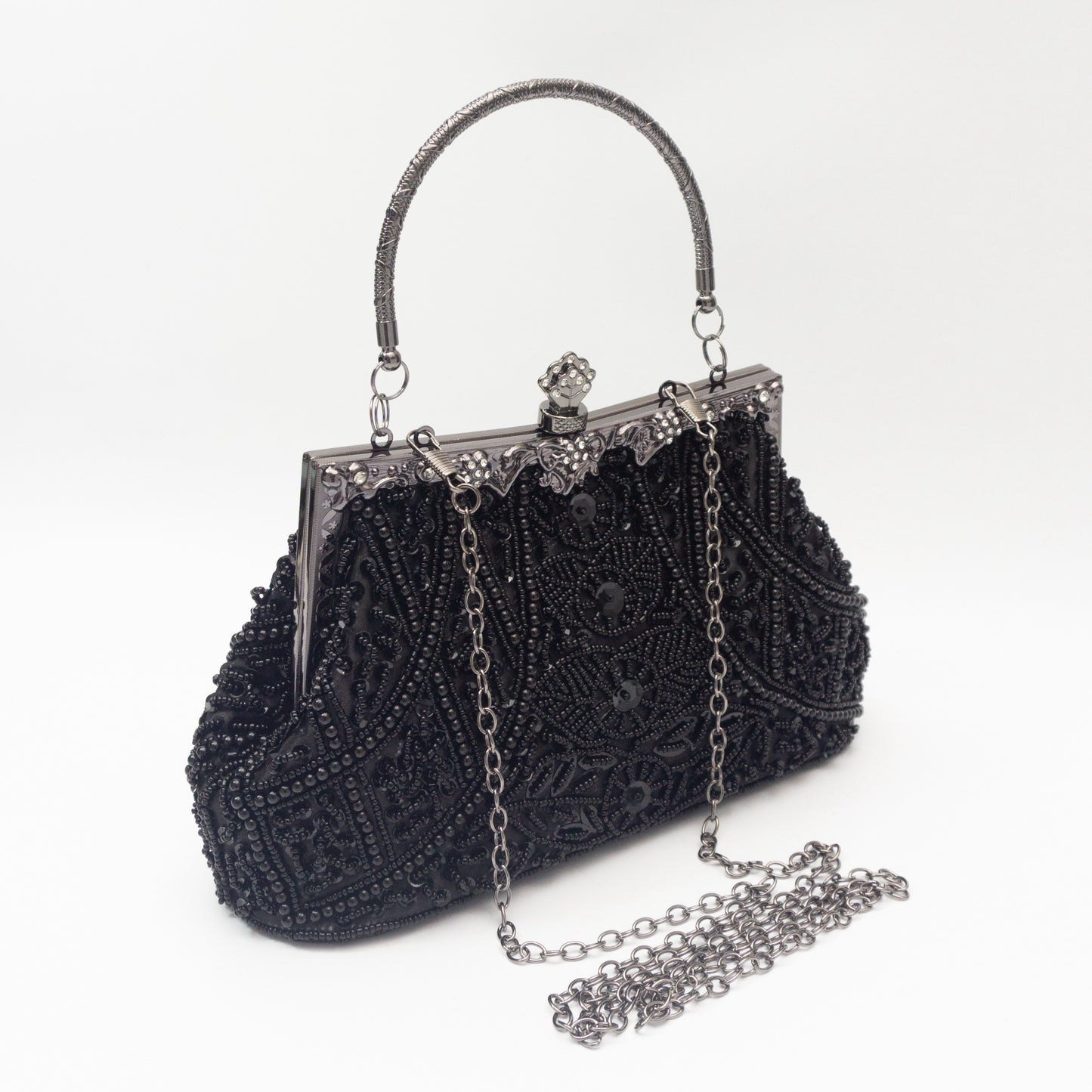 Vintage Beaded Sequin Evening Bag, Portable Handle Exquisite Clasp Clutch Handbag, Detachable Chain Strap Elegant Shoulder Bag