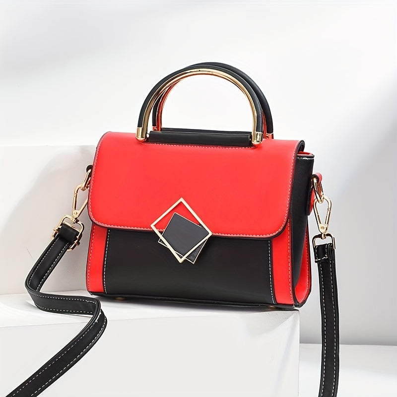 realaiot  Color Contrast Satchel Flap Crossbody Bag, PU Leather Textured Bag Purse, Classic Versatile Fashion Shoulder Bag