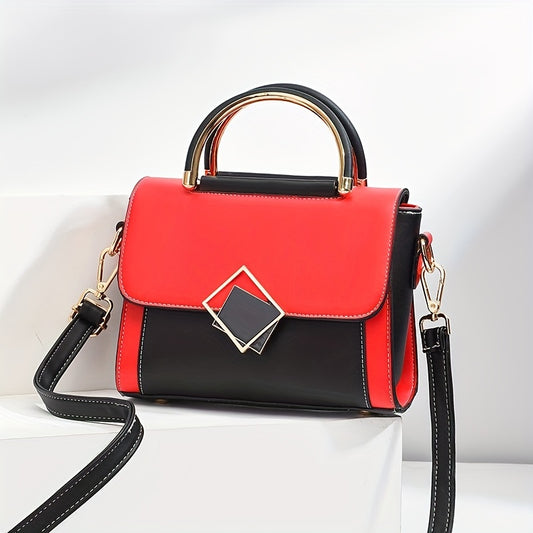 realaiot Color Contrast Satchel Flap Crossbody Bag, PU Leather Textured Bag Purse, Classic Versatile Fashion Shoulder Bag