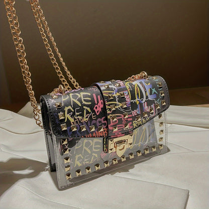 realaiot  Colorful Graffiti Chain Crossbody Bag, Trendy Studded Decor Shoulder Bag, Women's Small Flap Square Purse