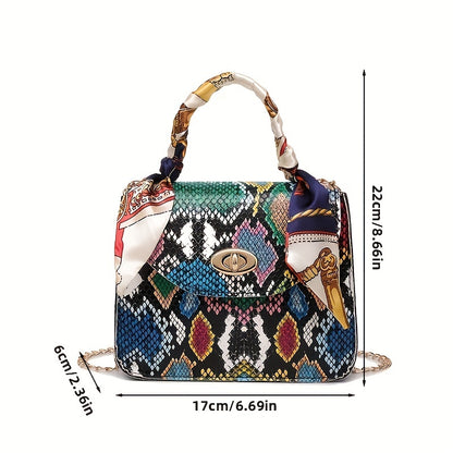 realaiot  Mini Snake Pattern Crossbody Bag With Silk Scarf, Fashion Handbag, Women's Crossbody Bag, 22.0*16.99cm