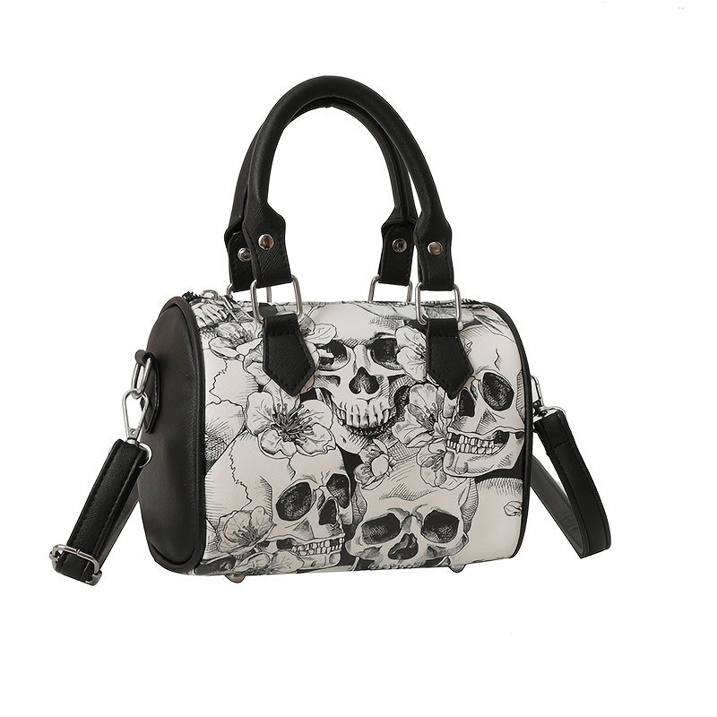 realaiot Gothic Skull Print Boston Bag, Punk Y2K Crossbody Bag, Women's Trendy Handbag & Shoulder Tote Purse For Halloween