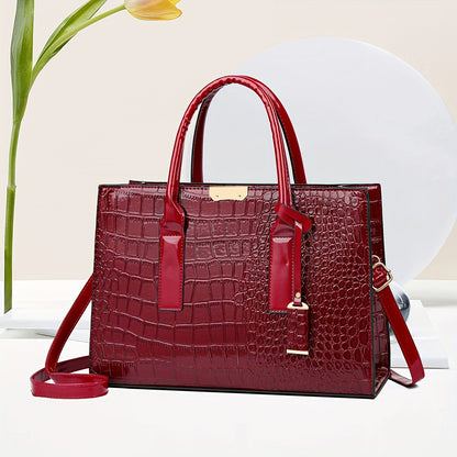 Elegant Crocodile Pattern Tote Bag, Luxury Top Handle Handbag, PU Leather Purse For Women