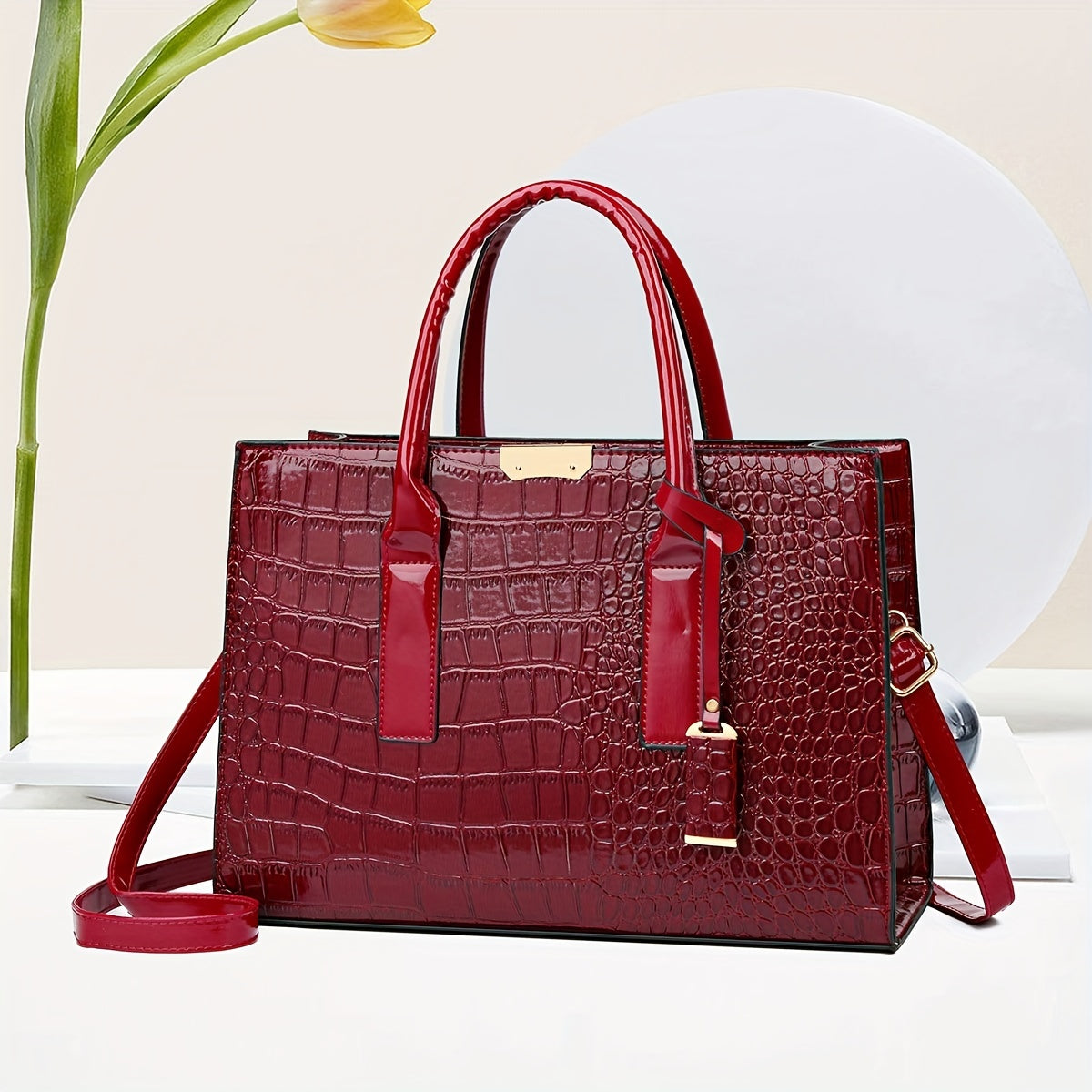 realaiot  Elegant Crocodile Pattern Tote Bag, Luxury Top Handle Handbag, PU Leather Purse For Women