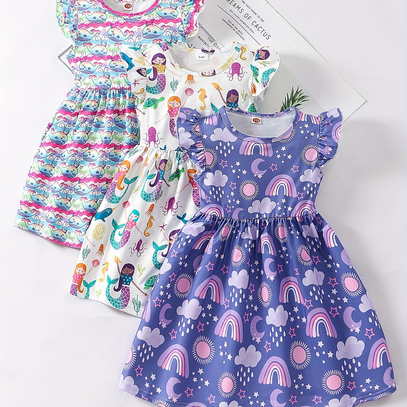 3 Packs Girls Mermaid & Whales & Rainbow Pattern Frill Sleeve Comfy Casual Dresses - Soft Slight Stretch Polyester Fabric, A-Line Fit, Perfect for Summer Holiday Gift