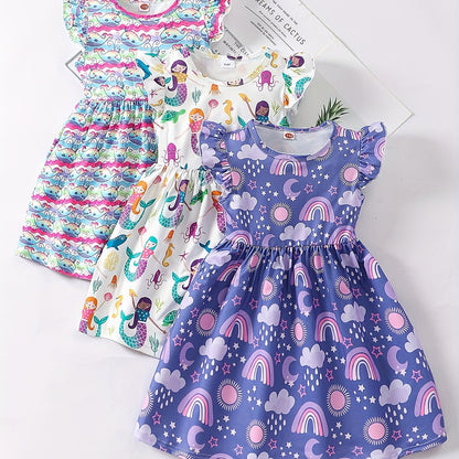 3 Packs Girls Mermaid & Whales & Rainbow Pattern Frill Sleeve Comfy Casual Dresses - Soft Slight Stretch Polyester Fabric, A-Line Fit, Perfect for Summer Holiday Gift