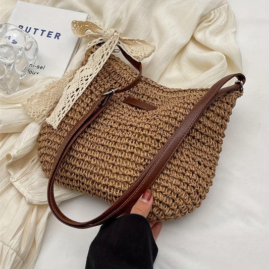 realaiot  Straw Woven Crossbody Bag, Summer Beach Shoulder Bag, Women's Casual Handbag & Hobo Purse For Travel