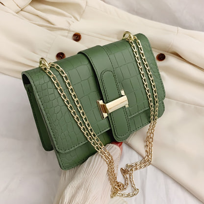 Crocodile Embossed Shoulder Bag, Women's Buckle Decor Crossbody Bag, Trendy Chain Square Purse