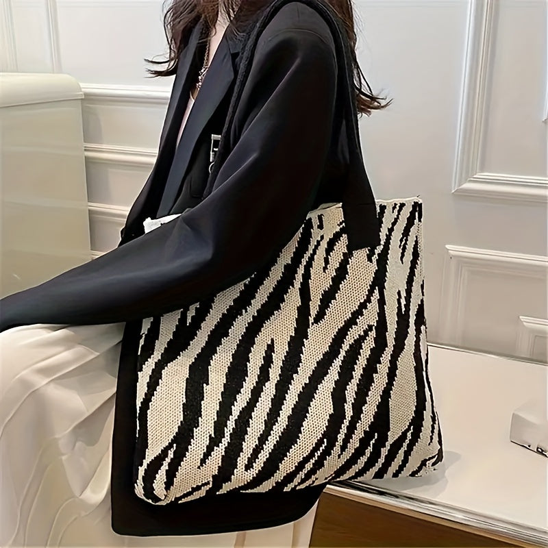 realaiot  Stylish Zebra Pattern Shoulder Bag, All-Match Knitted Handbag, Women's Casual Daily Use Bag