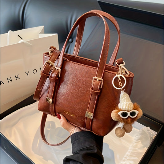 Stylish Pompom Pendant Tote Bag, Simple PU Leather  Solid Color Shoulder Bag, Perfect Women Crossbody Bag For Daily Use