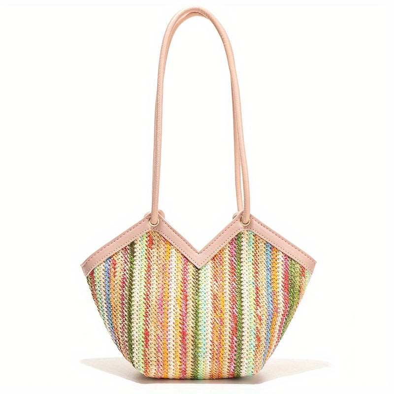 realaiot  Striped Straw Shoulder Bag, Rainbow Design Summer Beach Bag, Women's Woven Holiday Style Handbag