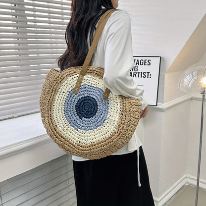 realaiot  Woven Straw Round Handbags, Hollow Out Summer Beach Bag, Women's Large Capacity Shoulder Bag