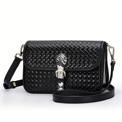 Luxury Woven Crossbody Bag For Women, Genuine Leather Shoulder Bag, Snakeskin Buckle Decor Square Purse