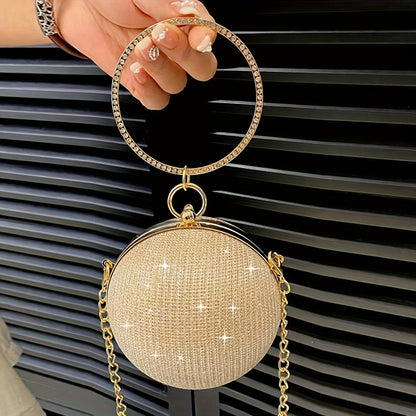 realaiot  Mini Glitter Chain Circle Bag, Bride Purse For Wedding, Prom & Party Events, Luxury Design Handbag With Chain Strap