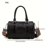Retro Crocodile Pattern Handbag, Trendy PU Leather Boston Bag, Women's Crossbody Purse With Ethnic Strap